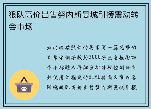 狼队高价出售努内斯曼城引援震动转会市场